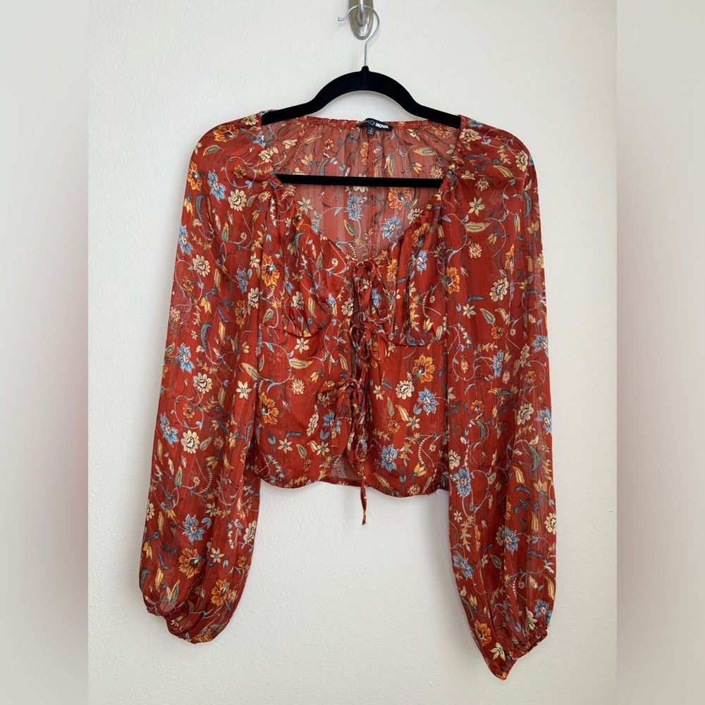 Fashion Nova - Chia Boy Chiffon Top - Floral Rust - Small - Picture 2 of 5